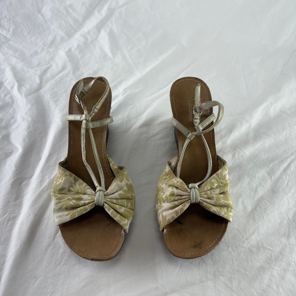 Self Esteem Wooden Cream & Green Wedges Womens 9.5 Fairy Coquette Boho - Picture 2 of 8